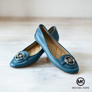 MICHAEL KORS Lillie Blue Leather Quilted Ballet Flats MK Logo Moccasins 8.5